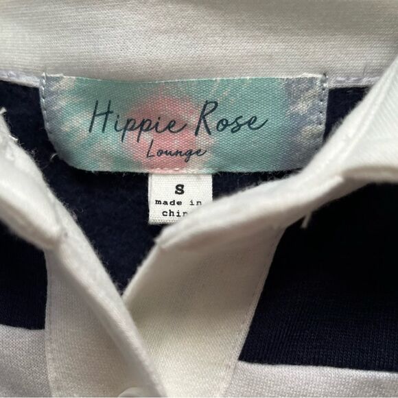 Hippie Rose blue/white blocks long-sleeved, collared, half-buttoned sweater, S - Picture 3 of 9